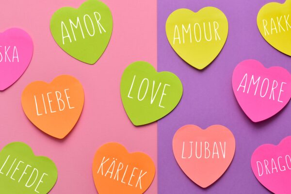 A collection of hearts with the word Love written in different languages