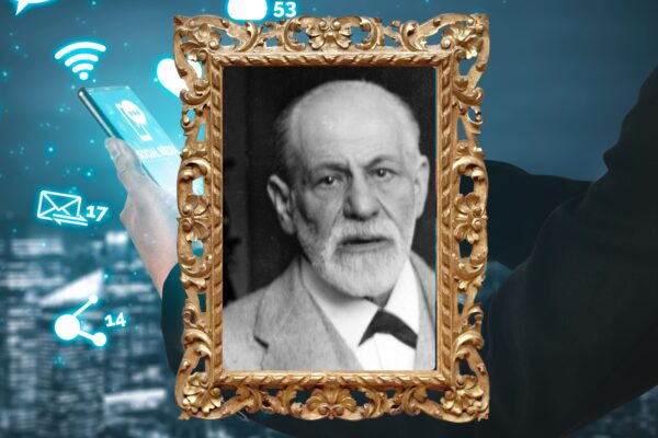 A picture of Sigmund Freud set within a gold plated frame with a background of digital media